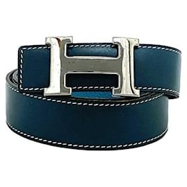 Hermès-Hermes H Belt in Blue Leather-Blue