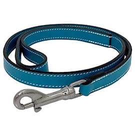 Hermès-Hermes Blue Jean Leather Dog Leash-Silvery,Blue