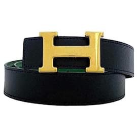 Hermès-Hermes H Belt in Navy, Green, and Gold-Golden,Green,Navy blue