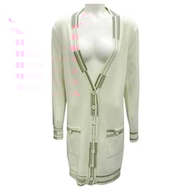 Chanel-Chanel Rare Ivory / Pink Iconic CC Logo Button Long Cashmere Knit Biarritz Deauville Venise Cardigan Sweater-Cream