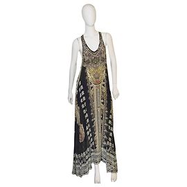 Camilla Printed & Beaded 100% Silk Sleeveless Long Summer V Neck Racerback dress Blue