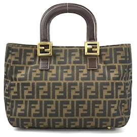 Fendi-Fendi Zucca Canvas Leather Handbag-Brown