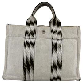 Hermès-HERMES Nouveau Fourre Tout PM Sac Tote Toile Gris Auth 109344-Marron