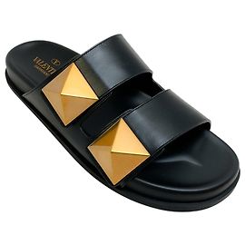 Valentino Black Leather Giant Rockstud Slide Sandals Black