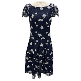 Autre Marque-Talbot Runhof Navy Blue / White Embroidered Lace Cocktail Dress-Navy blue