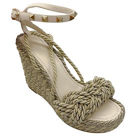 Valentino Ivory / Gold Rockstud Rope Wedge Espadrille Sandals Golden