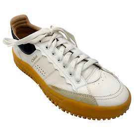 Chloé Chloe White / Baskets en cuir avec empiècements en daim bleu marine Frankie Blanc
