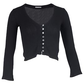 Reformation Ribbed-Knit Buttoned Cropped Cardigan in Black Tencel Black