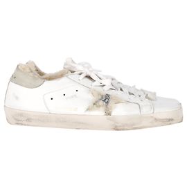 Golden Goose Superstar Shearling-Lined Distressed Sneakers in White Leather White