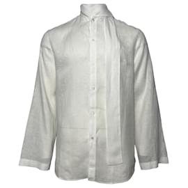 Valentino Garavani-Valentino Shirt with Scarf and Signature Logo in White Linen -White,Cream