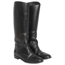 Saint Laurent-Black Equestrian Preowned Leather Boots-Black