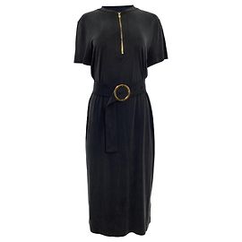 Abito midi a maniche camicia con cintura Escada in cotone nero Nero