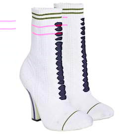 Fendi-White Stretch Knit Lace Up Preowned Sock Boots-White