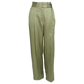 Sandro Pantalones rectos de mezcla de lino caqui con detalle de cinturón Verde