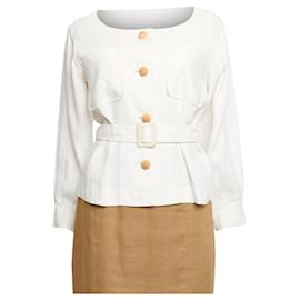 Yves Saint Laurent Conjunto de saia de linho branco vintage de segunda mão com cinto Multicor