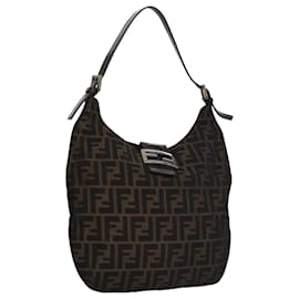 Fendi-FENDI Zucca Canvas Shoulder Bag Brown Black Auth 109499-Brown,Black
