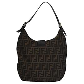 Fendi-FENDI Zucca Canvas Shoulder Bag Brown Black Auth 109499-Brown,Black