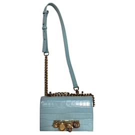 Alexander Mcqueen-Alexander McQueen Skull-Motif Swarovski-Encrusted Croc-Embossed Crossbody Bag In Light Blue Leather-Blue,Light blue