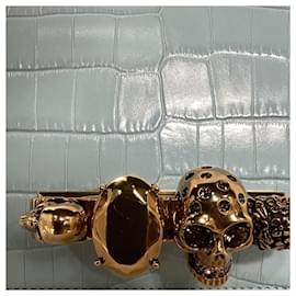 Alexander Mcqueen-Alexander McQueen Skull-Motif Swarovski-Encrusted Croc-Embossed Crossbody Bag In Light Blue Leather-Blue,Light blue