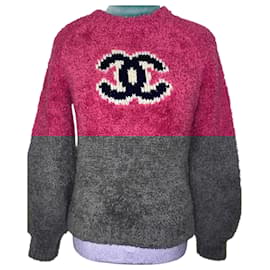 Chanel-Chanel 19A Pink CC Teddy Sweater Wool Jumper FR 34-Black,Pink,White
