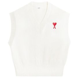 Pull sans manches Ami Col V Rouge et Blanc Cassé Rouge Blanc cassé