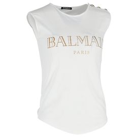 Camiseta sin mangas de algodón blanco con estampado del logo de Balmain Blanco Crudo