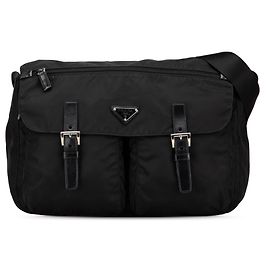 Bolsa mensageiro Prada em tessuto preto com zíper e fivela dupla Preto