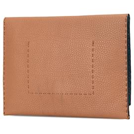Fendi-Fendi Brown Bicolor Leather Selleria Clutch-Brown,Beige