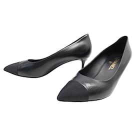 Chanel-CHAUSSURES CHANEL ESCARPINS G31384 39 EN CUIR ET SATIN NOIR + BOITE PUMPS-Noir