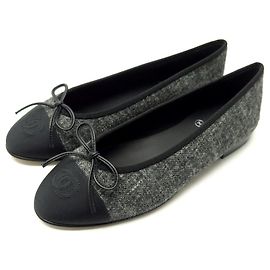 NINE CHANEL BALLET FLATS LOGO CC G02819 38 GRAY FELT SHOES Grey