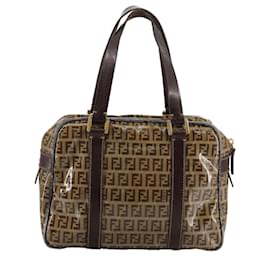 Fendi-FENDI Zucchino Canvas Hand Bag Brown Gold Auth bs21516-Brown,Golden
