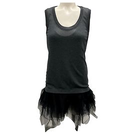 Brunello Cucinelli Charcoal Grey / Black Mesh Tulle Hem Sleeveless Wool Top Grey
