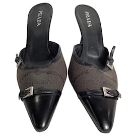 Prada-Prada Mid-Heel Pointed Mule in Brown and Black Fabric and Leather-Black
