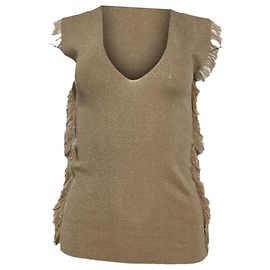 Top de cuello redondo en cachemira beige con flecos laterales Brunello Cucinelli Beige