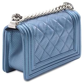 Chanel-Chanel Blue Small Quilted Perforated Metallic Lambskin Boy Flap-Blue,Light blue