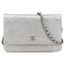 Chanel-Chanel Silver CC Quilted Aged Calfskin Wallet On Chain-Silvery