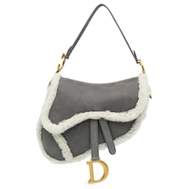 Dior-Dior Gray Shearling Suede Saddle Bag-Brown
