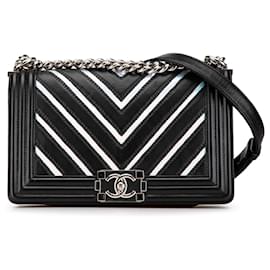 Chanel-Chanel Black Medium Lambskin and Iridescent PVC Chevron Boy Flap-Black