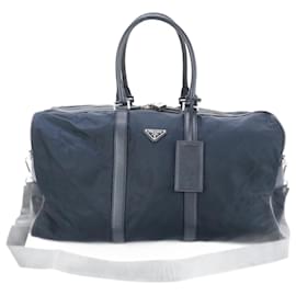 Prada-Prada Tessuto Nylon Saffiano Triangle Leather Boston Bag-Navy blue