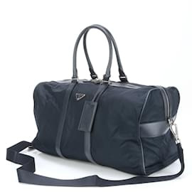 Prada-Prada Tessuto Nylon Saffiano Triangle Leather Boston Bag-Navy blue