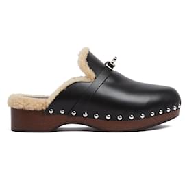 Hermès-Hermès Mules Sabots Carlotta EU39 Black Leather Shearling Clogs UK6 US8.5 Hermes-Black