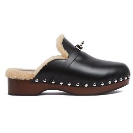 Mules Sabots Carlotta Hermès EU39 Clogs de Couro Preto com Pele de Ovelha UK6 US8.5 Preto