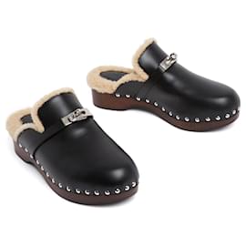 Hermès-Hermès Mules Sabots Carlotta EU39 Black Leather Shearling Clogs UK6 US8.5 Hermes-Black
