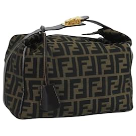 Fendi-FENDI Zucca Canvas Vanity Pouch Brown Black gold Auth 111462-Brown,Black,Golden
