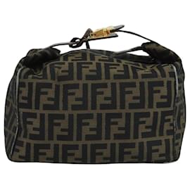 Fendi-FENDI Zucca Canvas Vanity Pouch Brown Black gold Auth 111462-Brown,Black,Golden