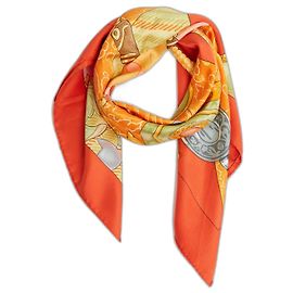 Bufanda Cuadrada Hermès 90 Tibet II 2002 Bufanda de Seda Twill Naranja Latham Hermes Naranja