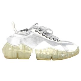 Jimmy Choo Les Baskets Diamant en Cuir Argent et Blanc Blanc