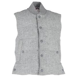 Thom Browne Light Grey Down Filled Shetland Snap Front Vest in Grey Wool Grey