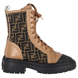 Fendi- Fendi Vitello FF Domino Combat Boots in Brown Calf Leather and Canvas-Brown