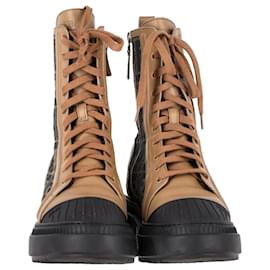 Fendi- Fendi Vitello FF Domino Combat Boots in Brown Calf Leather and Canvas-Brown